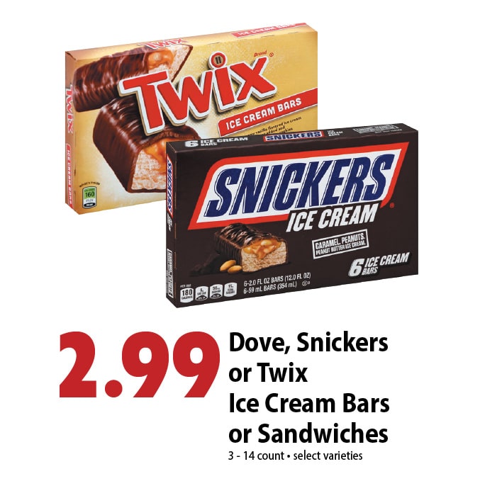 Dove, Snickers or Twix Ice Cream Bars or Sandwiches