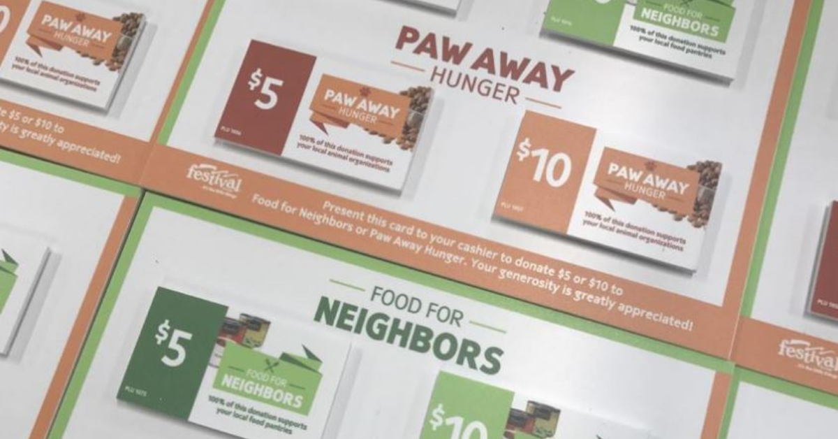 Bulletin board with $5 and $10 donation cards for Paw Away Hunger and Food for Neighbors