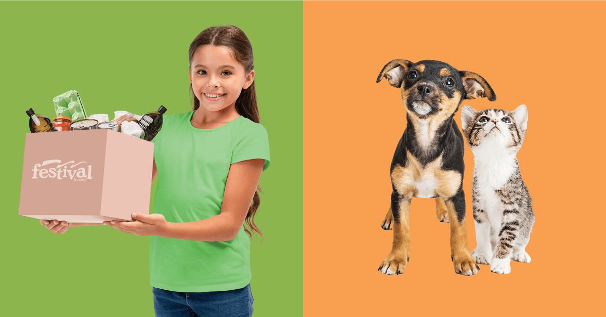 Image of a girl holding a box of groceries next to a puppy and kitten