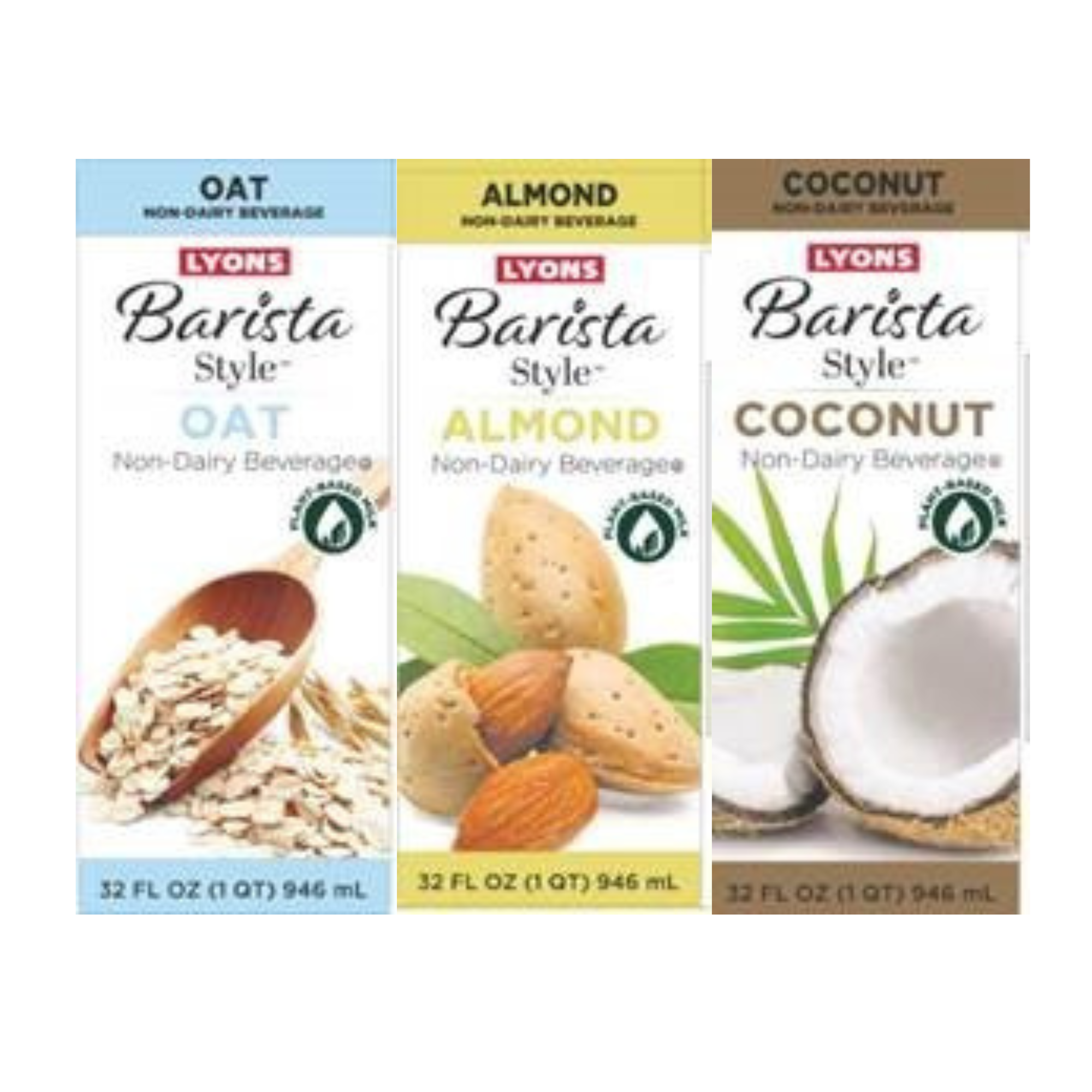 lyons barista almond, coconut and oat milk containers