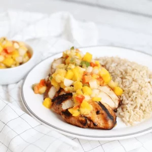 bbq grilled chicken with mango salsa and rice