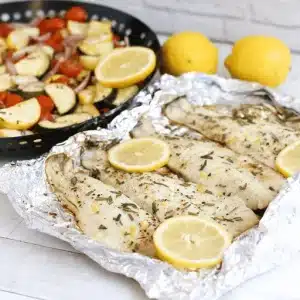 grilled lemon rosemary code and veggies